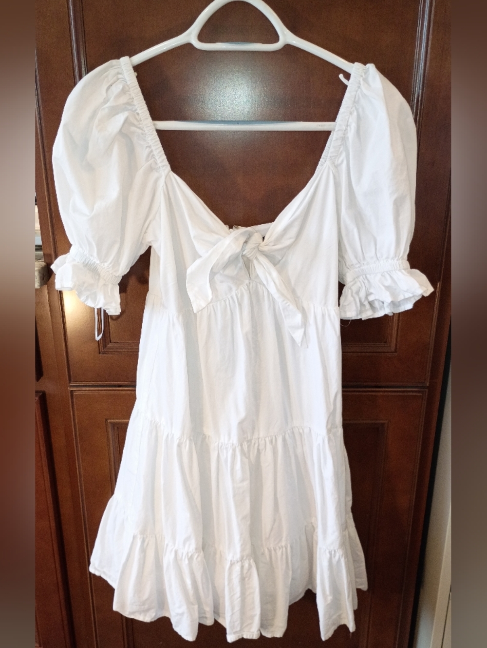 White Tie-Front Puff Sleeve Dress